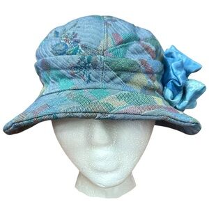 Vintage 30s Style Blue Pastel Tapestry Cloche Brimmed Hat Flower